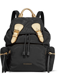 Burberry Medium Metallic Textured Leather Trimmed Gabardine Backpack Black