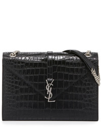 Saint Laurent Monogram Crocodile Embossed Envelope Chain Shoulder Bag Black