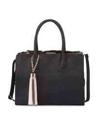 Neiman Marcus Saffiano Faux Leather Tassel Satchel Bag Black