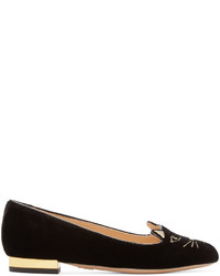 Charlotte Olympia Black Velvet Kitty Flats