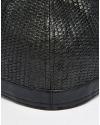 Asos Brand Straw Cap In Black With Faux Leather Peak