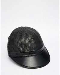 Asos Brand Straw Cap In Black With Faux Leather Peak
