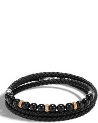 John Hardy Classic Chain Woven Leather Bead Triple Wrap Bracelet Black