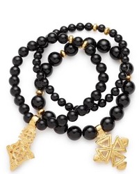 Pembe Club Tarangire Black Onyx Trio Bracelet With Ethiopian Cross Pendants Two Bead Sizes