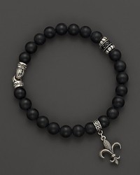 Scott Kay Sterling Silver And Matte Onyx Beaded Bracelet With Black Spinel Station And Fleur De Lis Charm