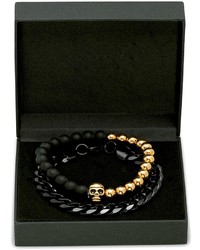 Steeltime Black Gold Beaded Skull Black Chain Bracelet Set
