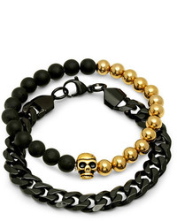 Steeltime Black Gold Beaded Skull Black Chain Bracelet Set