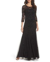 Adrianna Papell Beaded Illusion Yoke Mesh Gown