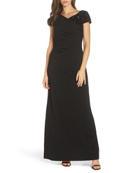 Adrianna Papell Beaded Shoulder Ruched Gown