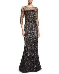 St. John Collection Beaded 34 Sleeve Tulle Gown Caviar