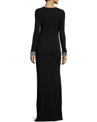 Shoshanna Long Sleeve Beaded Cuff Ruched Gown
