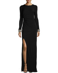 Shoshanna Long Sleeve Beaded Cuff Ruched Gown