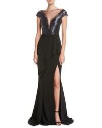 Pamella Roland Short Sleeve Beaded Combo Gown