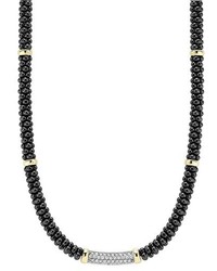 Lagos Black Caviar 5mm Beaded Diamond Bar Necklace