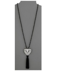 Kenneth Jay Lane 32 Black Bead With Silver And Crystal Deco Pendant And Black Tassel Necklace