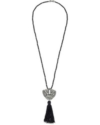 Kenneth Jay Lane 32 Black Bead With Silver And Crystal Deco Pendant And Black Tassel Necklace
