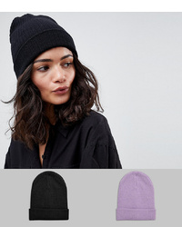 ASOS DESIGN 2 Pack Rib Beanie In Recycled Polyester