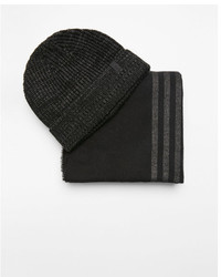 Express Gray And Black Stripe Scarf And Beanie Set