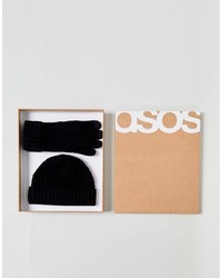 Asos Lambswool Fisherman Beanie Gloves Boxed Gift Set In Black
