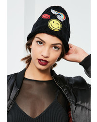 Missguided Black Ribbed Badge Beanie