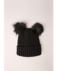 Missguided Double Pom Beanie Hat Black