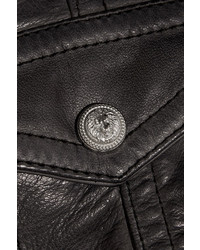Balmain Lace Up Detailed Textured Leather Biker Jacket Black