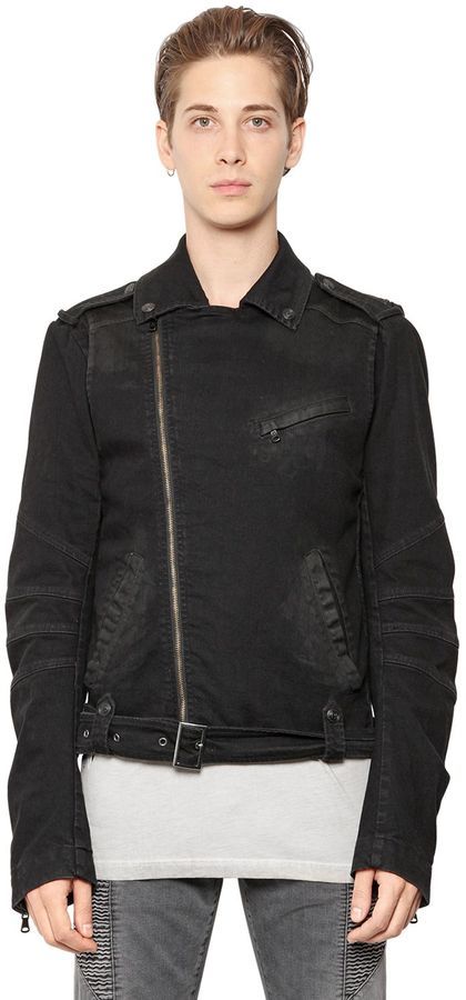 bundt Søjle Ensomhed Pierre Balmain Stretch Cotton Denim Moto Jacket, $1,117 | LUISAVIAROMA |  Lookastic