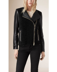 Burberry Shaved Shearling Biker Jacket With Lambskin Sleeves