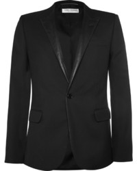 Saint Laurent Black Leather Trimmed Wool Blazer