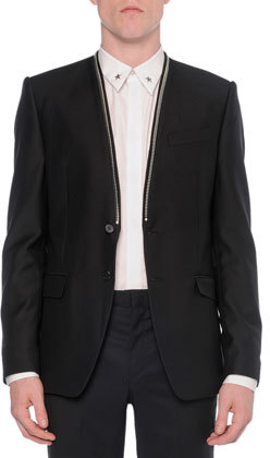 Givenchy Collarless Zipper Trim Jacket Black, $1,395 | Neiman Marcus |  Lookastic