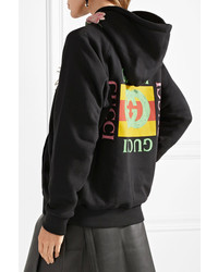 Gucci Appliqud Printed Cotton Jersey Hooded Top Black