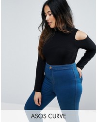 Asos Curve Curve Top With Cold Shoulder And High Neck In Clean Rib