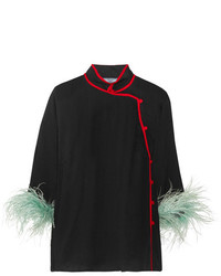 Prada Feather Trimmed Silk Chiffon Blouse Black
