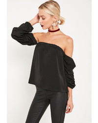 Missguided Black Ruched Sleeve Bardot Blouse