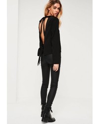 Missguided Black Tie Back Long Sleeve Blouse