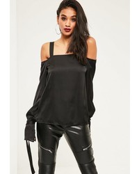 Missguided Black Tie Cuff Supported Bardot Blouse