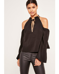 Missguided Frill Detail Tie Front Cold Shoulder Top Black