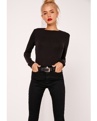 Missguided Petite Crew Neck Ribbed Long Sleeved Top Black