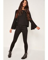 Missguided Sheer Ribbed Flared Sleeve Top Black