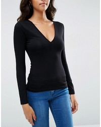 Asos Plunge Neck Top With Long Sleeves