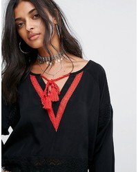 Glamorous Tie Neck Blouse With Contrast Panel