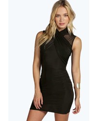 Boohoo Sara Slinky Wrap Mesh Insert Bodycon Dress