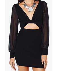 Romwe Cut Out V Neck Transparent Sleeves Black Bodycon Dress