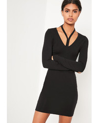 Missguided Black Harness Neck Long Sleeve Bodycon Dress