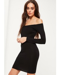 Missguided Black Long Sleeve Bardot Jersey Bodycon Dress