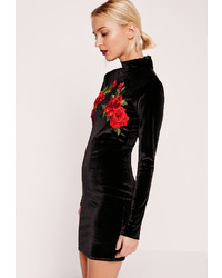 Missguided High Neck Flower Detail Velvet Bodycon Dress Black