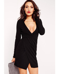 Missguided Long Sleeve Pleated Bust Plunge Bodycon Dress Black