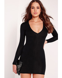 Missguided Plunge Long Sleeve Bodycon Dress Black