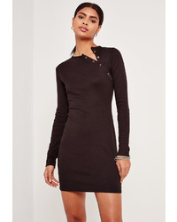 Missguided Rib Button Up Shoulder Bodycon Dress Black