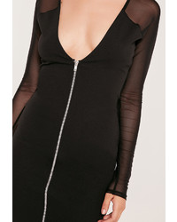 Missguided Zip Front Mesh Sleeve Bodycon Dress Black